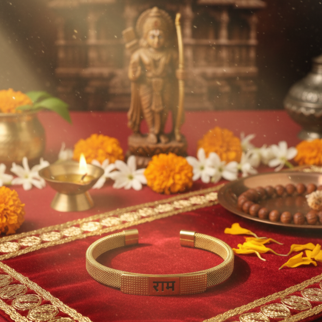 Divine "Ram" Inscribed Mesh Cuff Kada | Gold-Tone Spiritual Bracelet