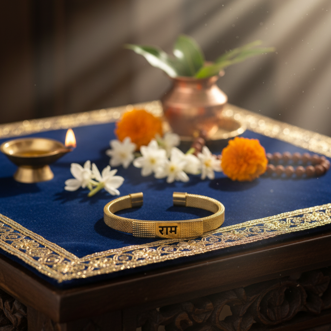 Divine "Ram" Inscribed Mesh Cuff Kada | Gold-Tone Spiritual Bracelet