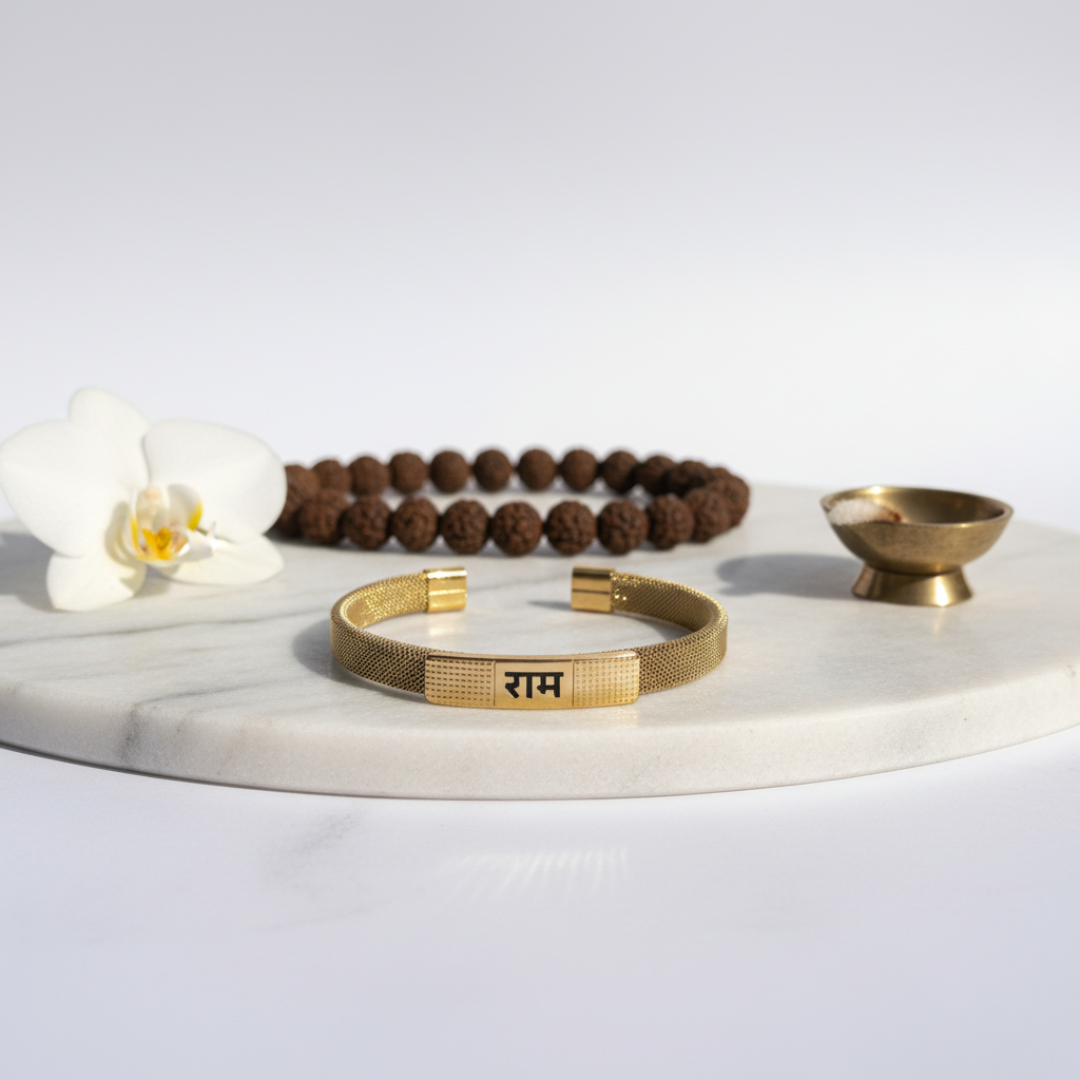 Divine "Ram" Inscribed Mesh Cuff Kada | Gold-Tone Spiritual Bracelet